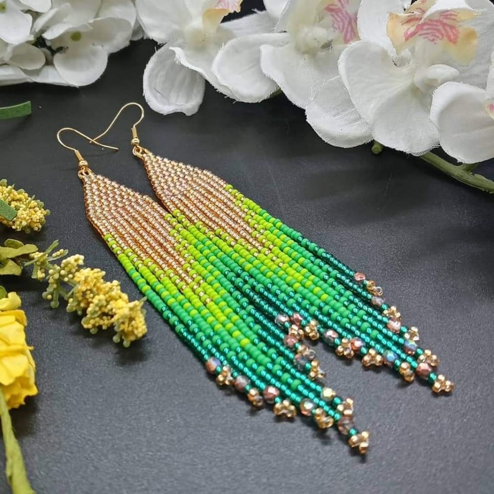 Gold and Emerald Beaded Fringe Earrings